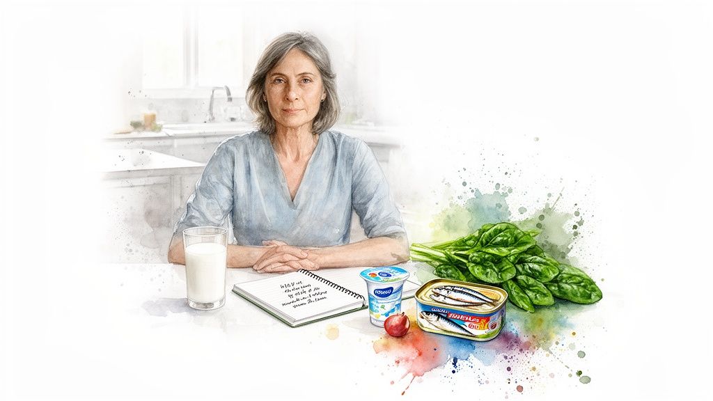 An older woman at a table with milk, yogurt, sardines, and spinach for bone health.