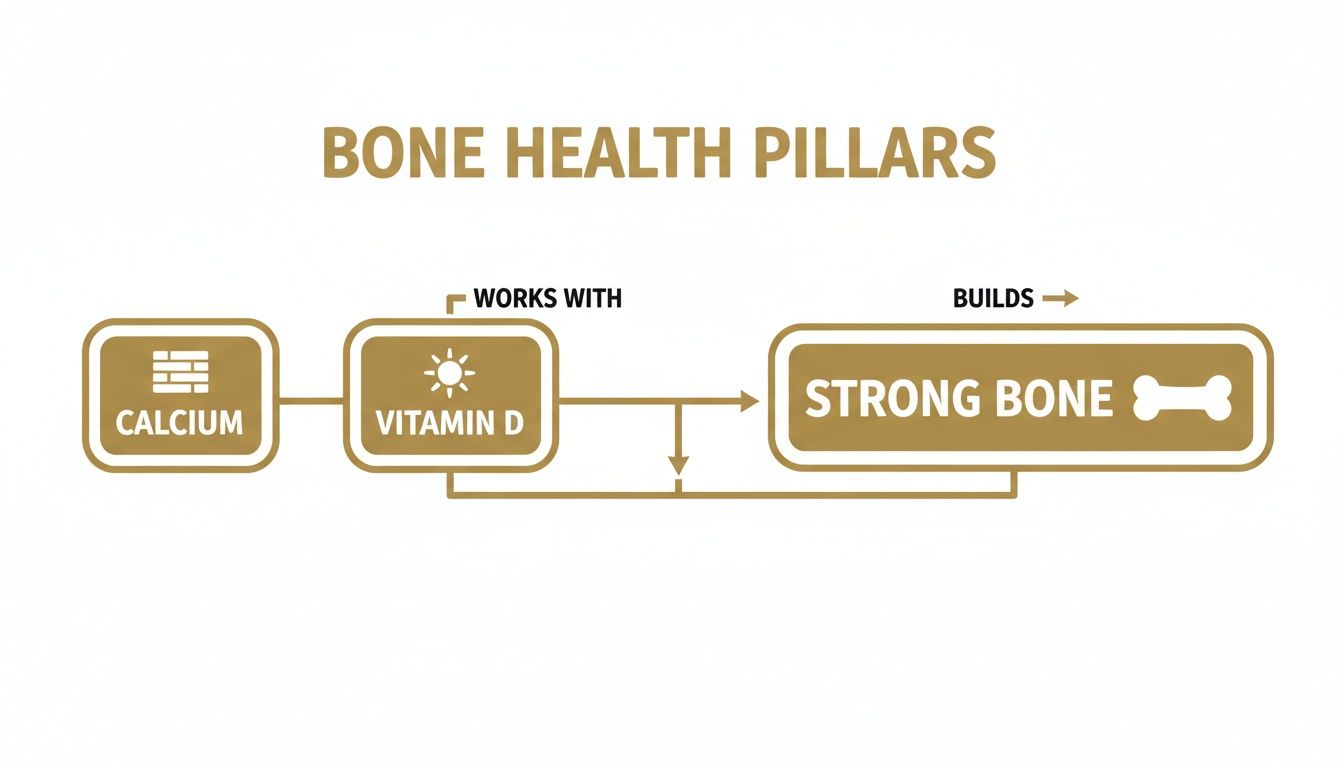 A diagram illustrating bone health pillars: Calcium works with Vitamin D to build strong bones.