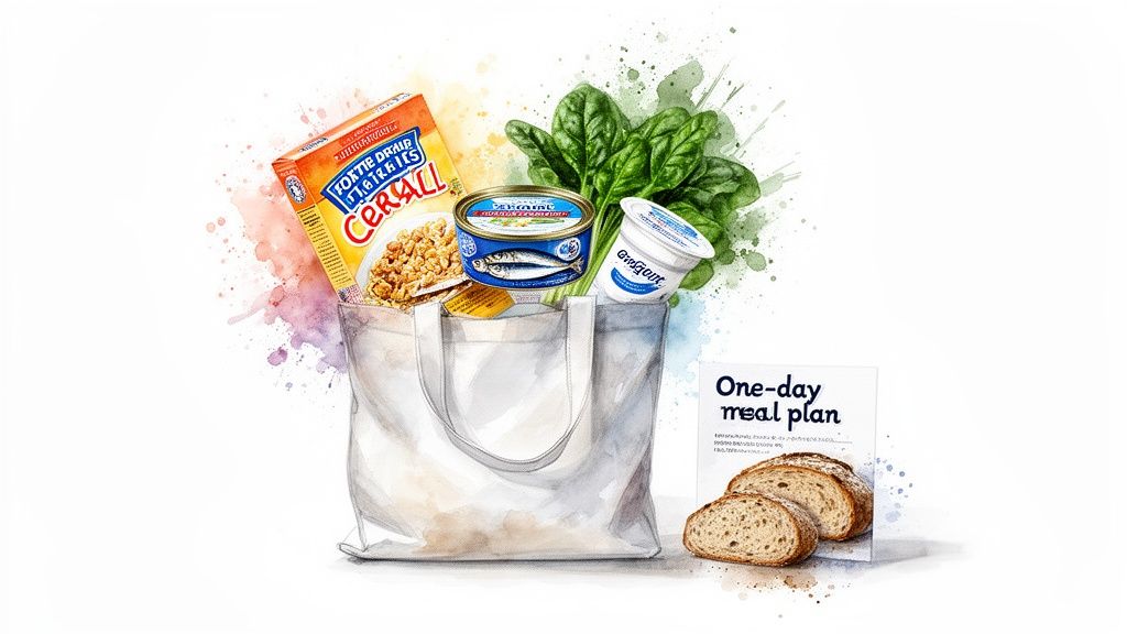 Watercolor illustration of a grocery bag filled with cereal, sardines, yogurt, spinach, and bread, alongside a 'One-day meal plan' booklet.