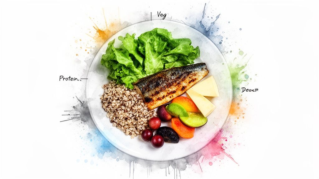 A balanced meal plate featuring grilled fish, lettuce, grains, cheese, and fruits with watercolor art.