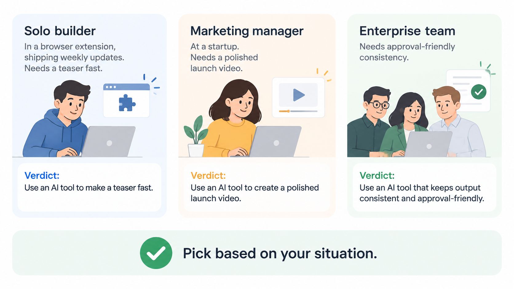 Three professional profiles including a solo builder, marketing manager, and enterprise team with AI-recommended product video advice.