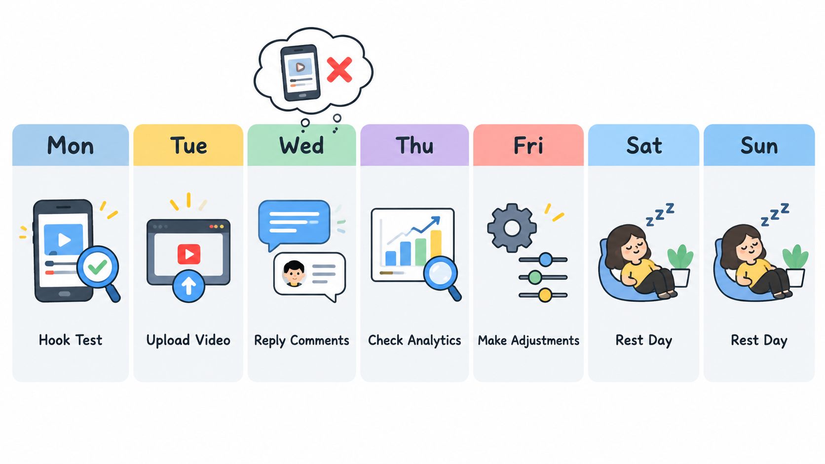 A weekly planner illustration showing content creation tasks for each day from Monday to Sunday.
