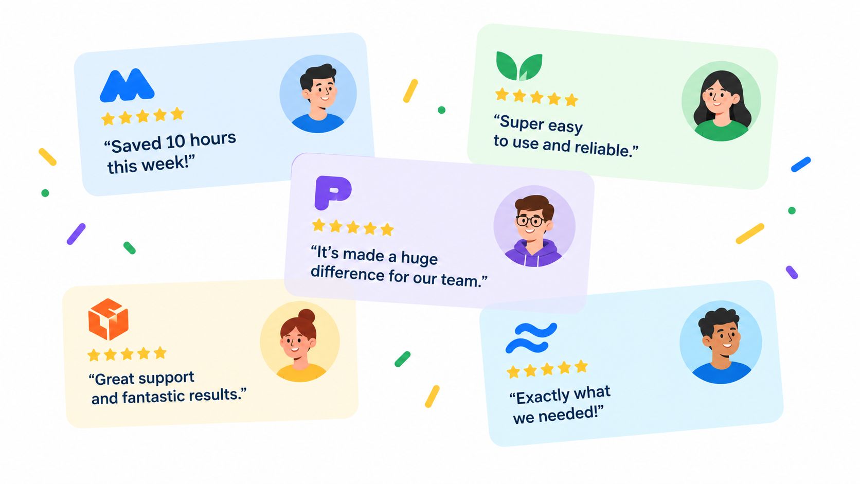 Customer review cards with testimonials, five-star ratings, and user profile illustrations displayed on a clean background.