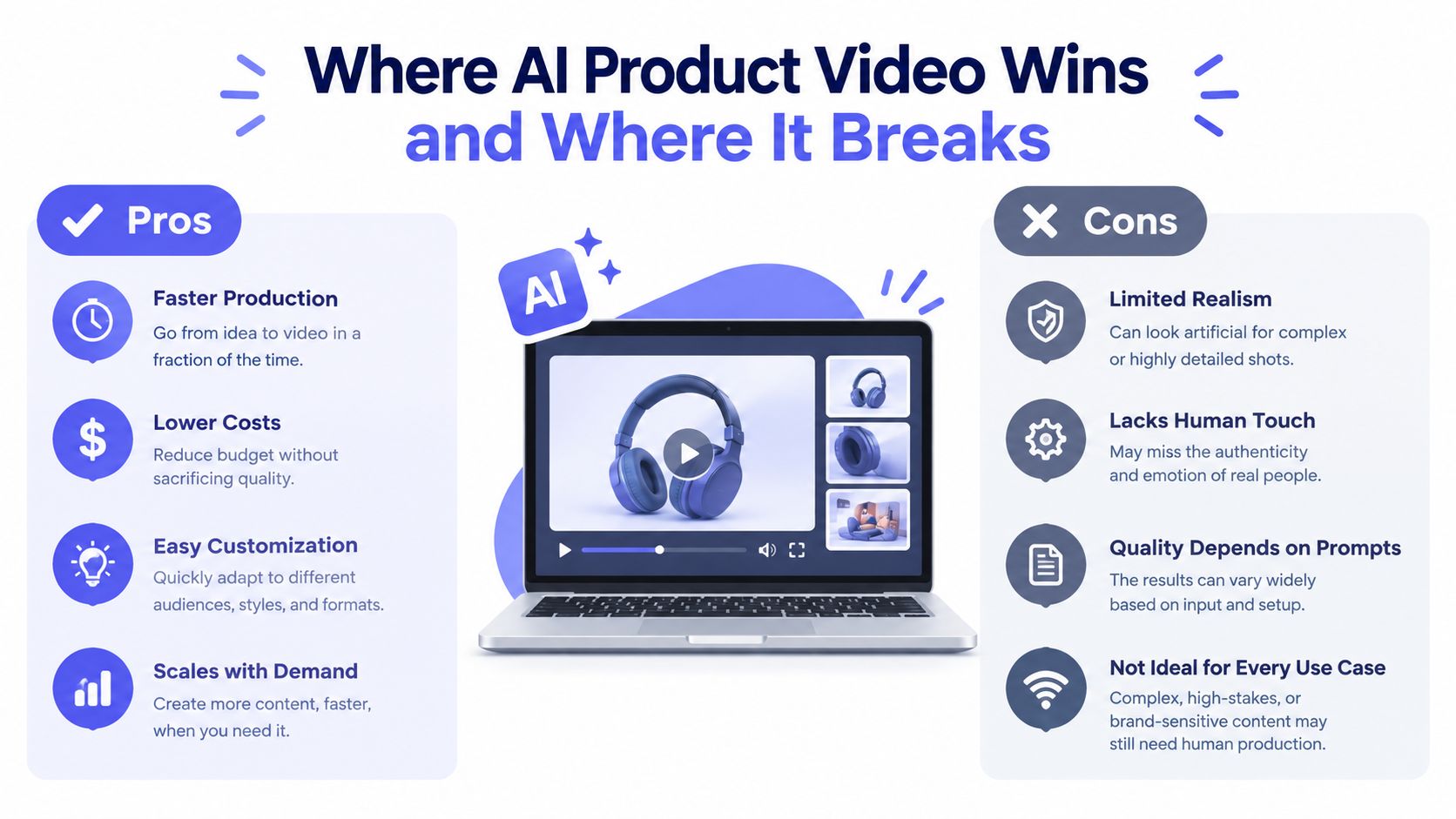 A visual comparison infographic outlining the pros and cons of using AI for creating product videos.