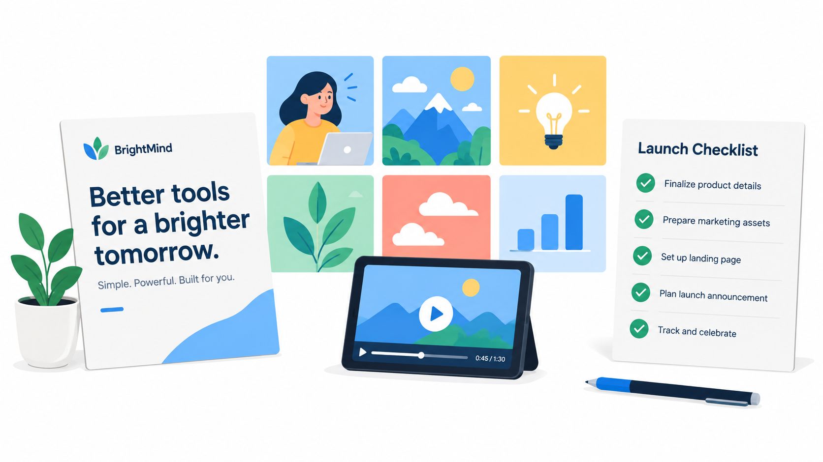 A digital graphic showcasing BrightMind branding, a tablet playing video, and a comprehensive product launch checklist.
