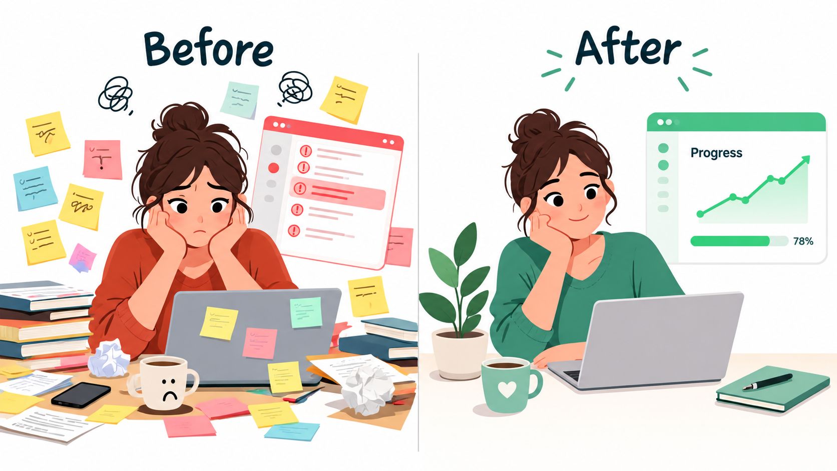A split image showing a stressed worker before and a productive, happy worker after using tools.