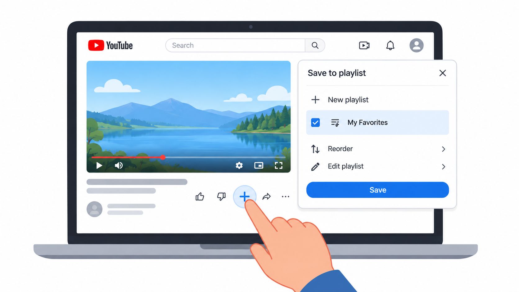 A digital illustration of a hand clicking the save to playlist button on a YouTube video interface.