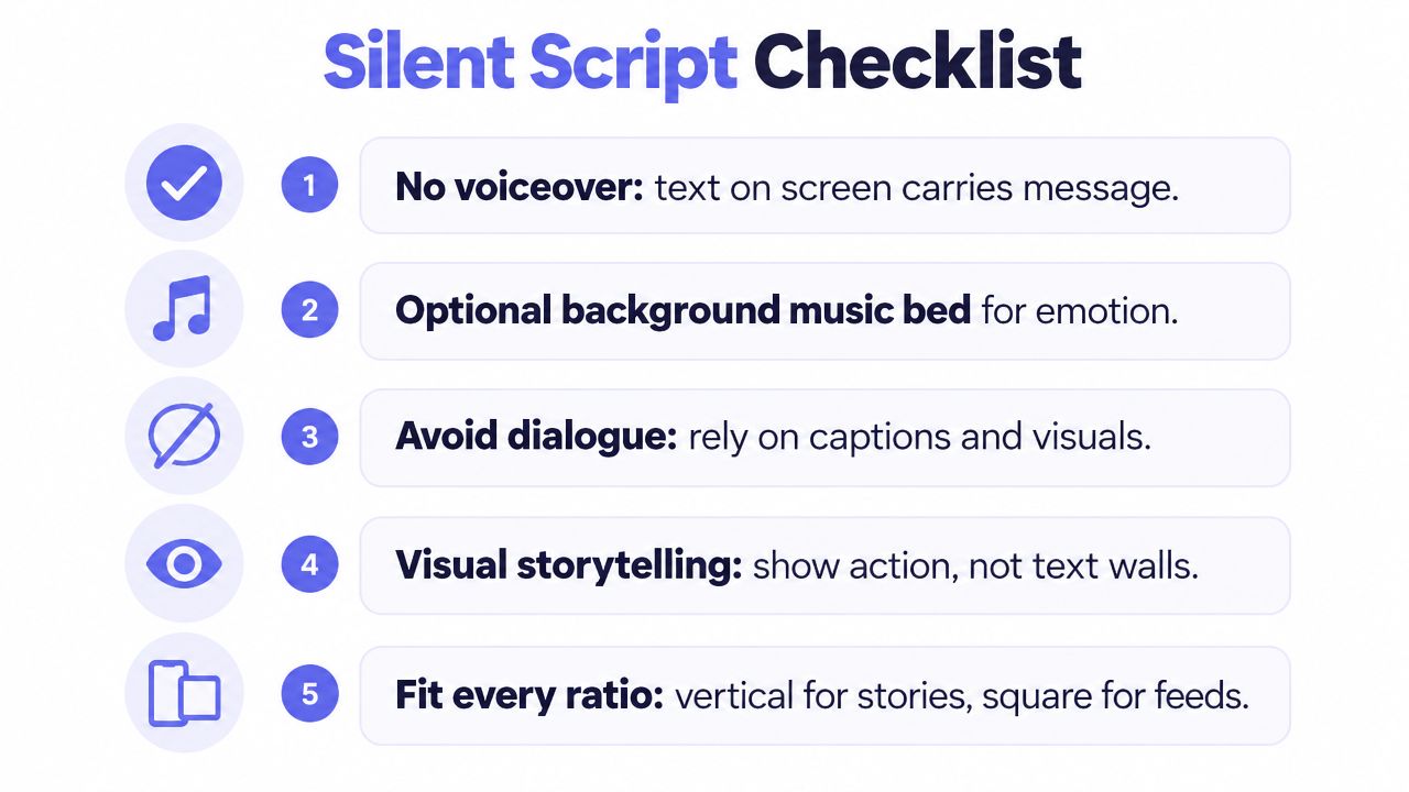 A five-point checklist titled Silent Script illustrating guidelines for creating videos without reliance on spoken audio.