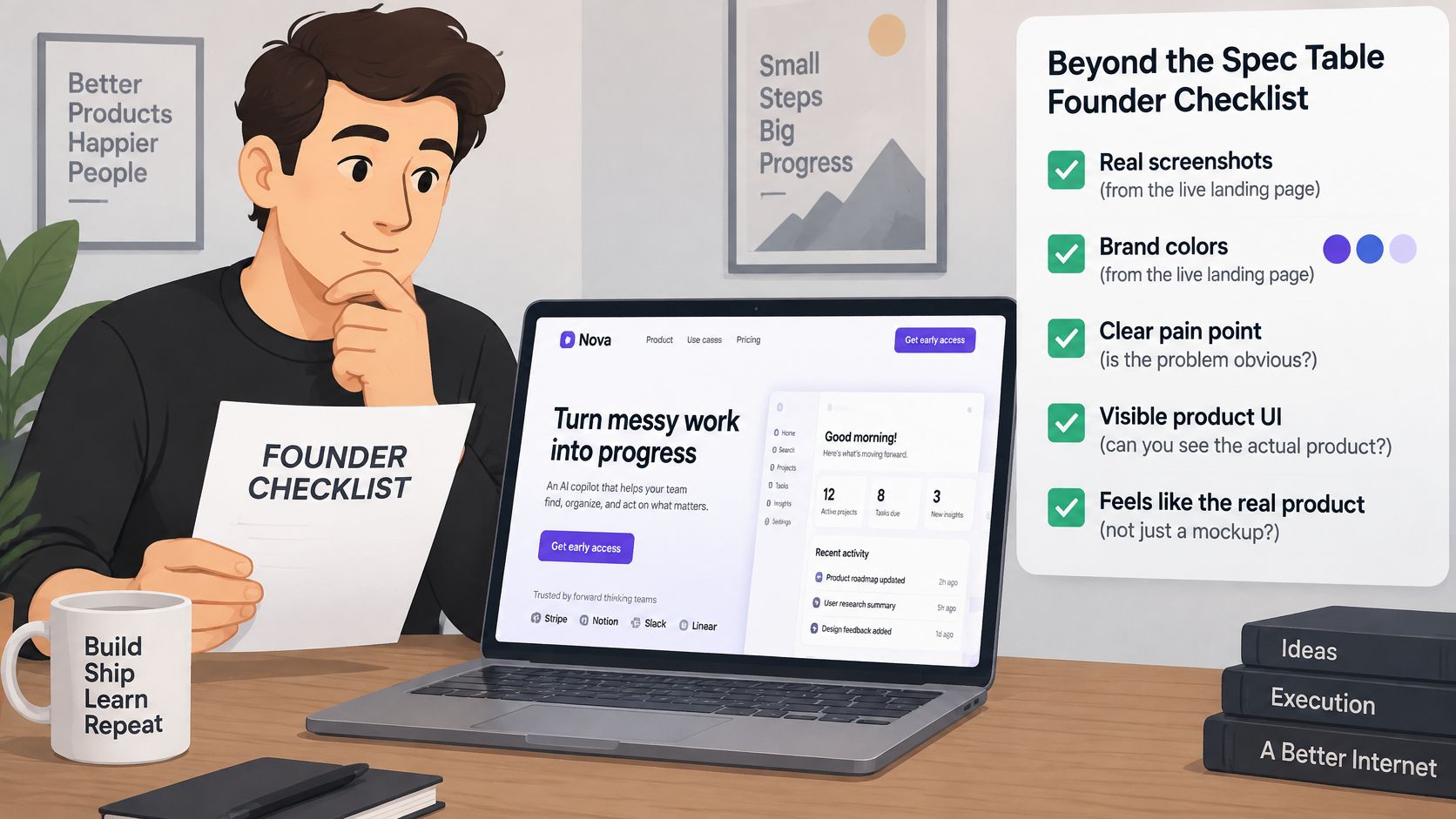 A digital illustration of a founder reviewing a product checklist with a laptop and coffee mug.