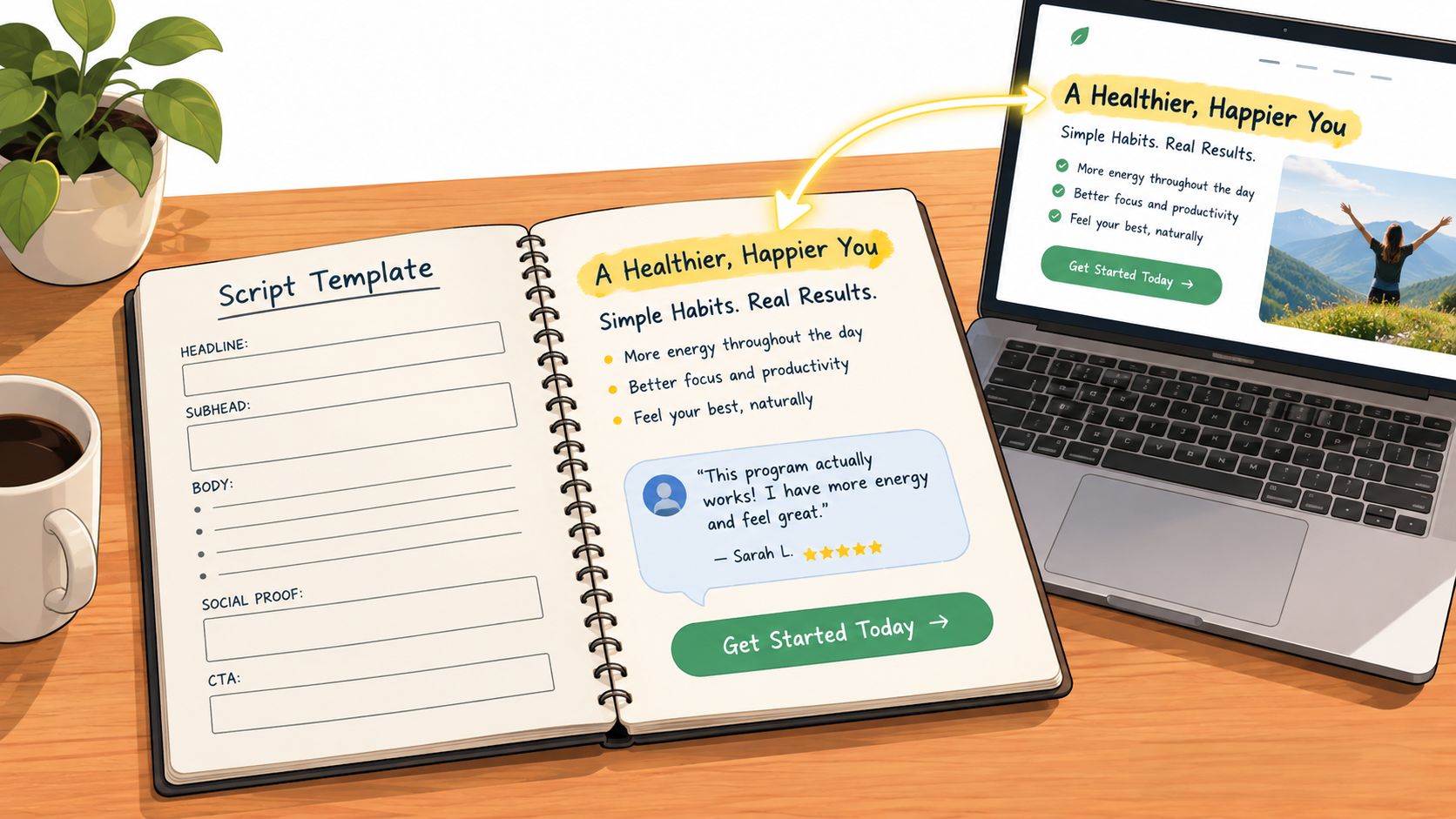 A spiral notebook open on a desk showing a video script template next to a laptop screen.