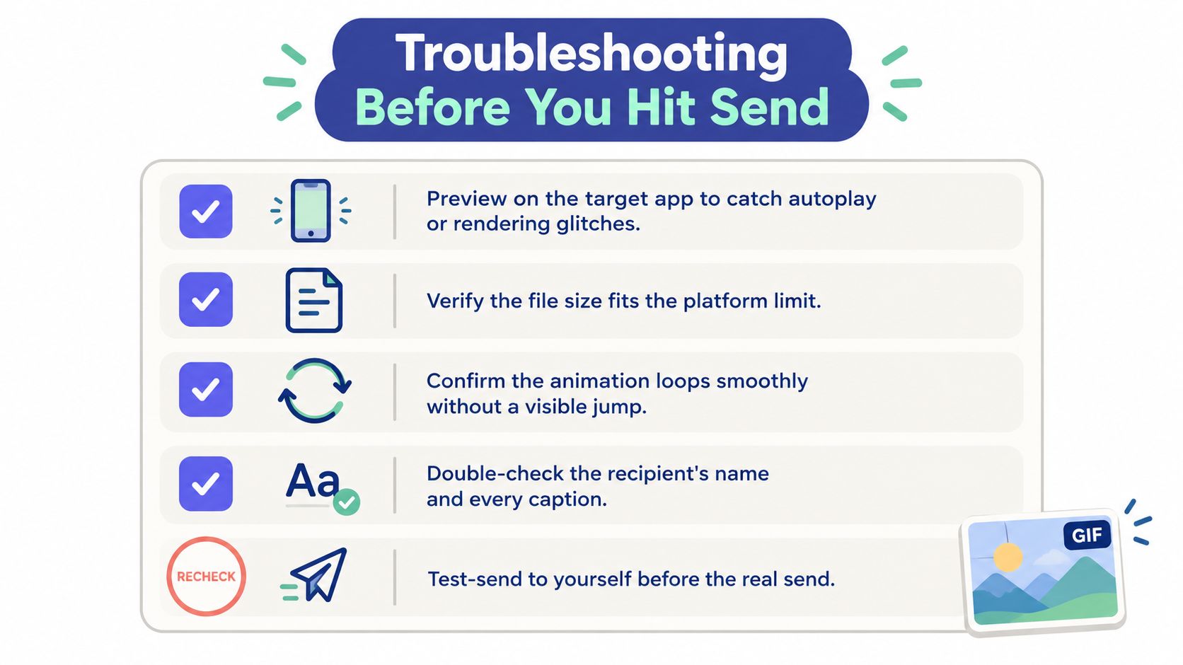 A checklist infographic titled Troubleshooting Before You Hit Send listing tips for sending digital media content.
