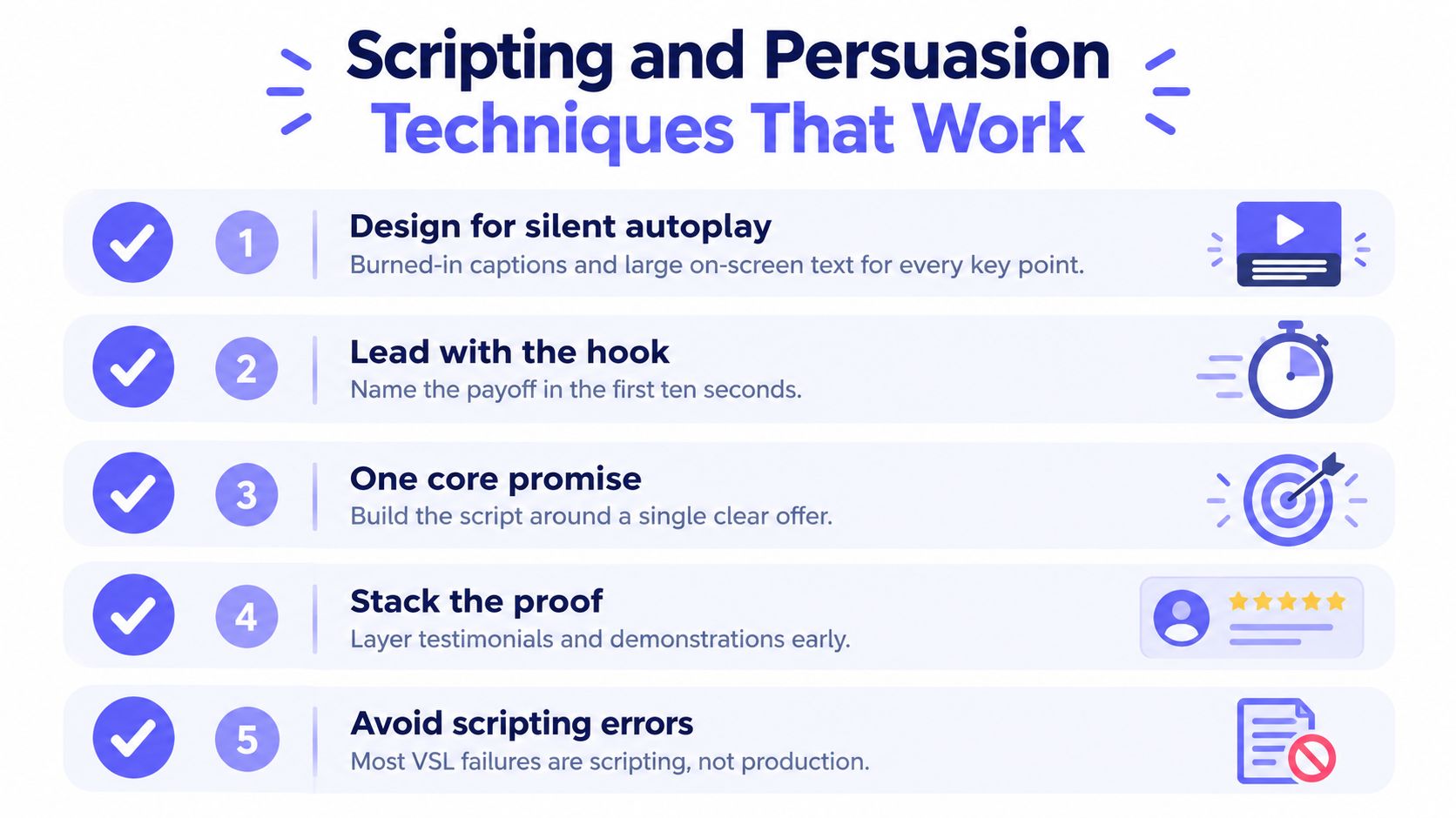 A list of five essential scripting and persuasion techniques for effective video sales letters shown in an infographic.