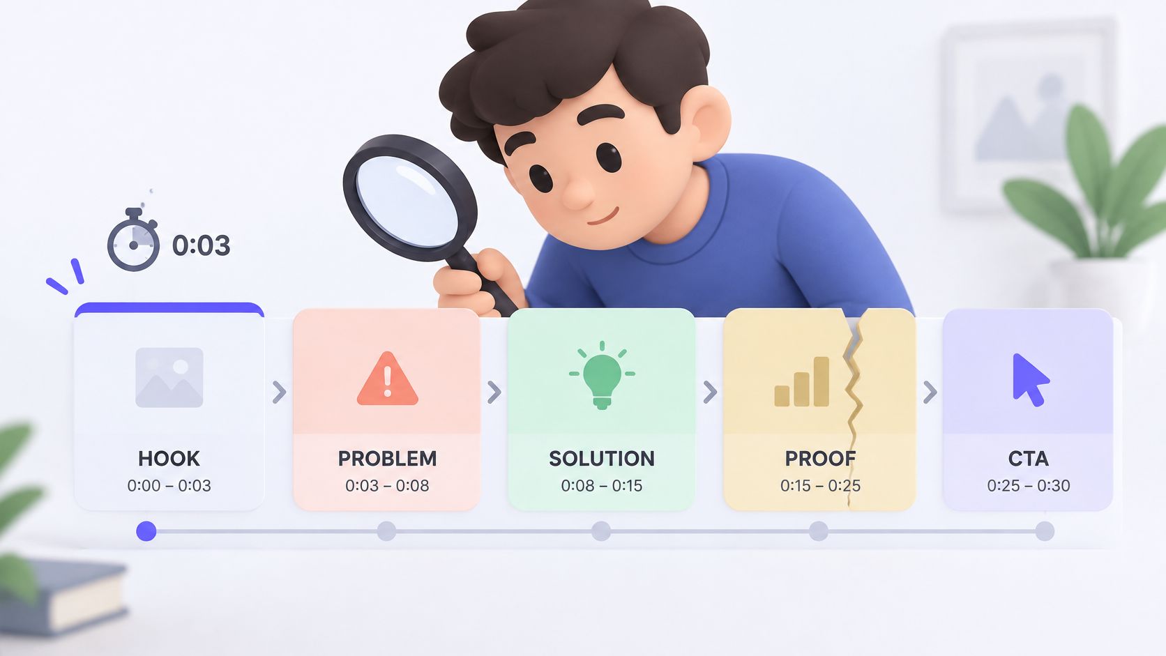 A 3D illustration showing a video script structure timeline for product launches, highlighting hook, problem, solution, proof, and CTA.