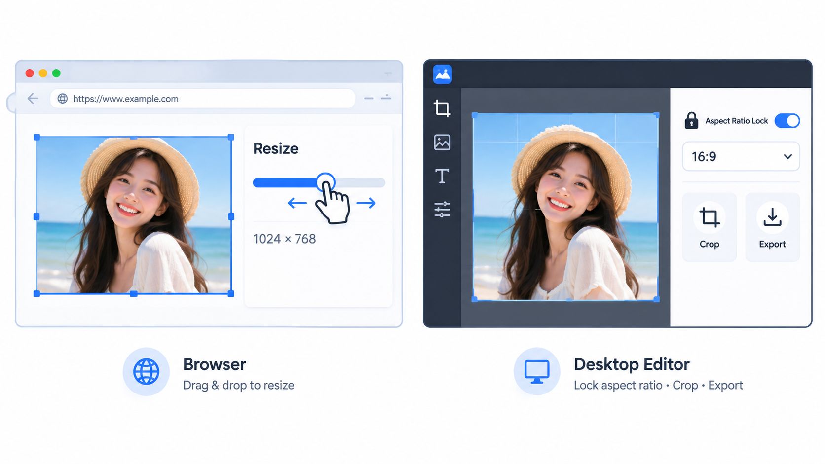 A comparison image showing an online browser image resizer tool alongside a dedicated desktop photo editor application.