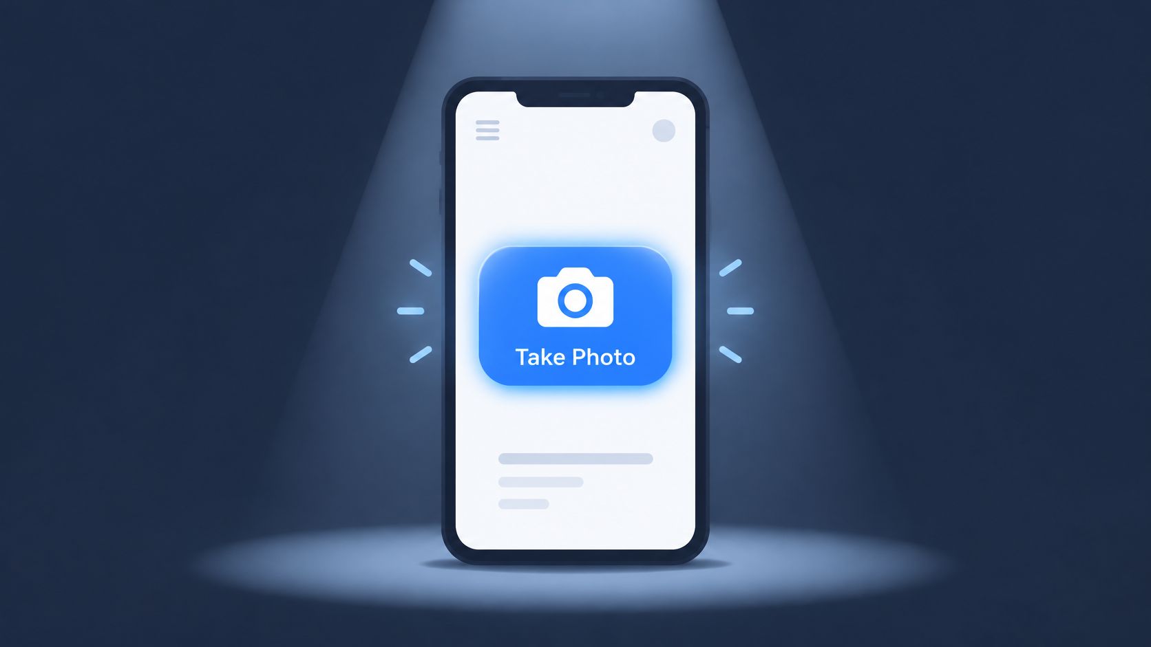A modern smartphone display featuring a prominent blue Take Photo button, highlighted by a digital spotlight.