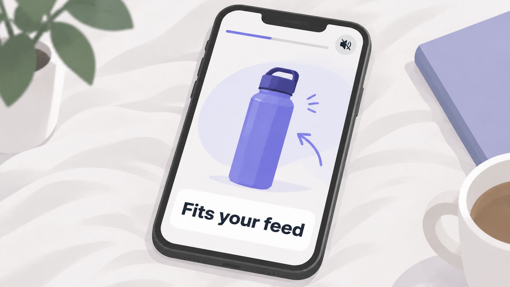 A smartphone screen displaying a promotional graphic of a purple water bottle with the text Fits your feed.