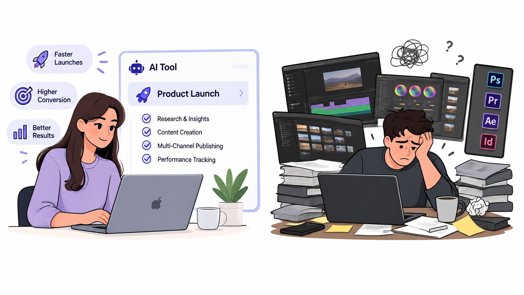 A split image comparing a woman using AI to streamline product launches versus a stressed creative professional.