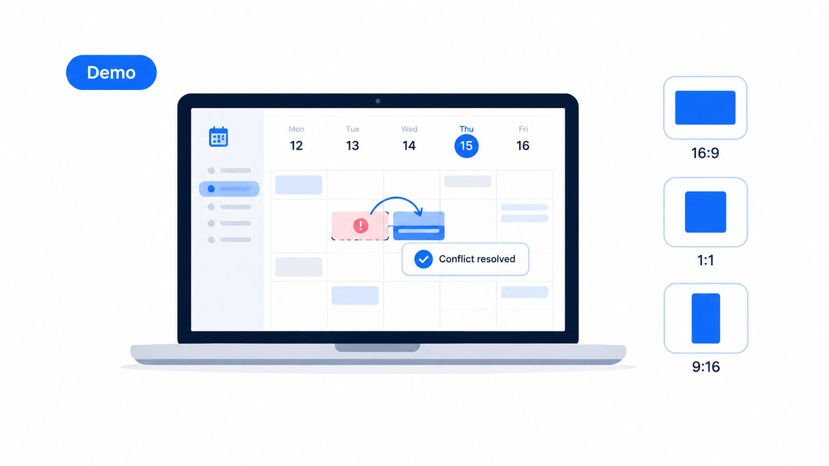 A laptop screen displaying a calendar interface with a drag-and-drop tool for resolving scheduling conflicts.