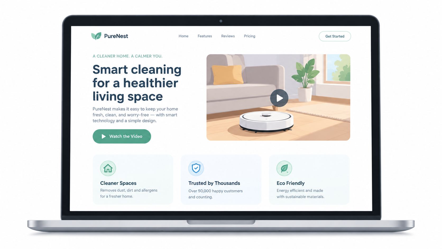 A laptop screen displaying the PureNest website homepage, showcasing smart robot vacuum cleaner marketing and design.