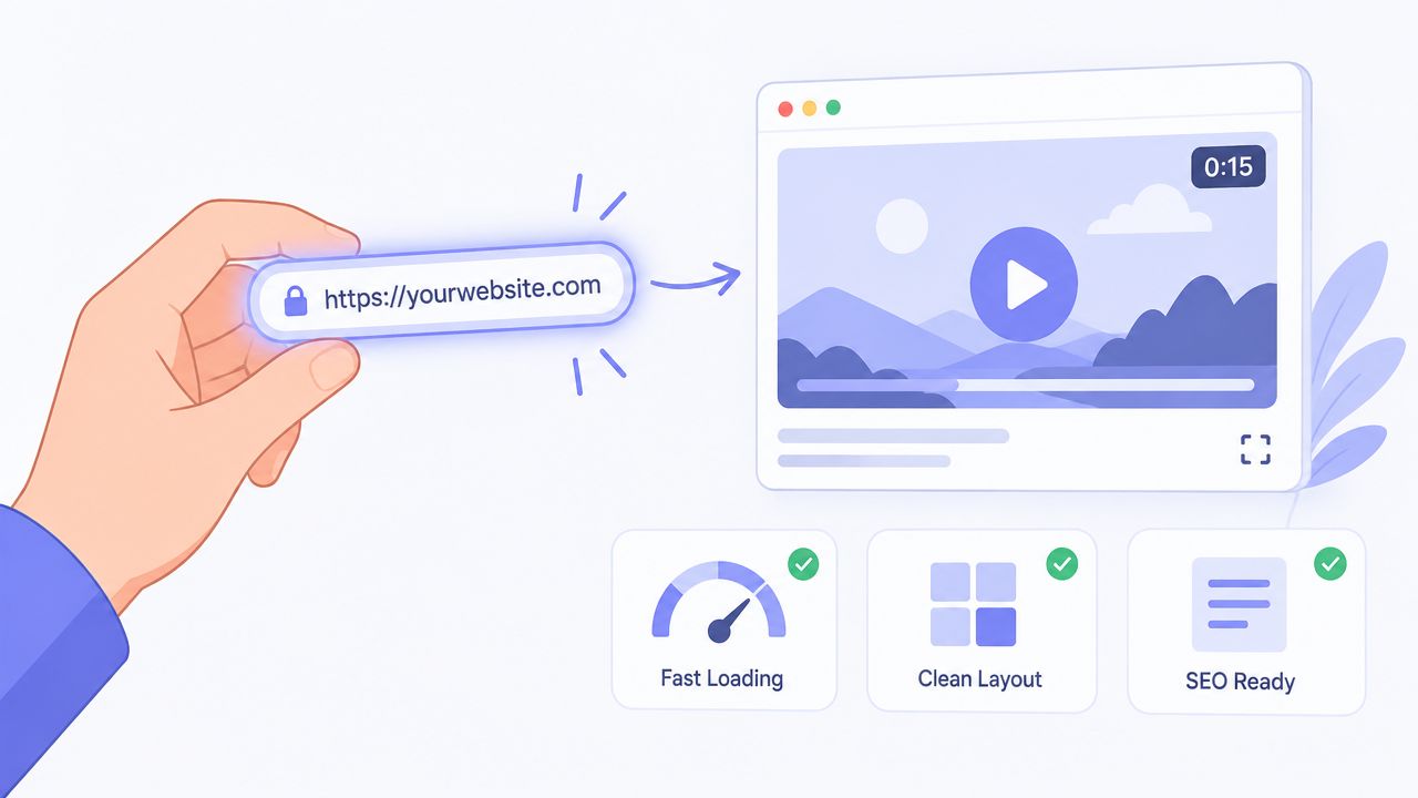 A hand holding a secure website link connecting to a video player showing website optimization features.
