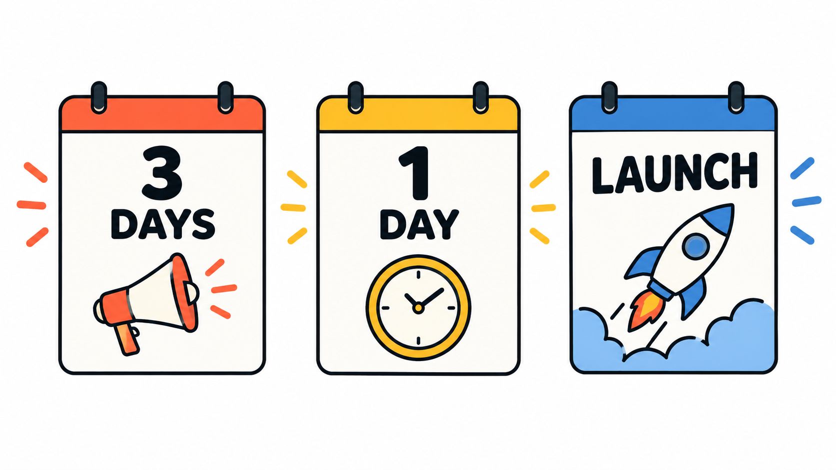 A digital countdown illustration showing three calendar icons for a countdown to a project launch event.