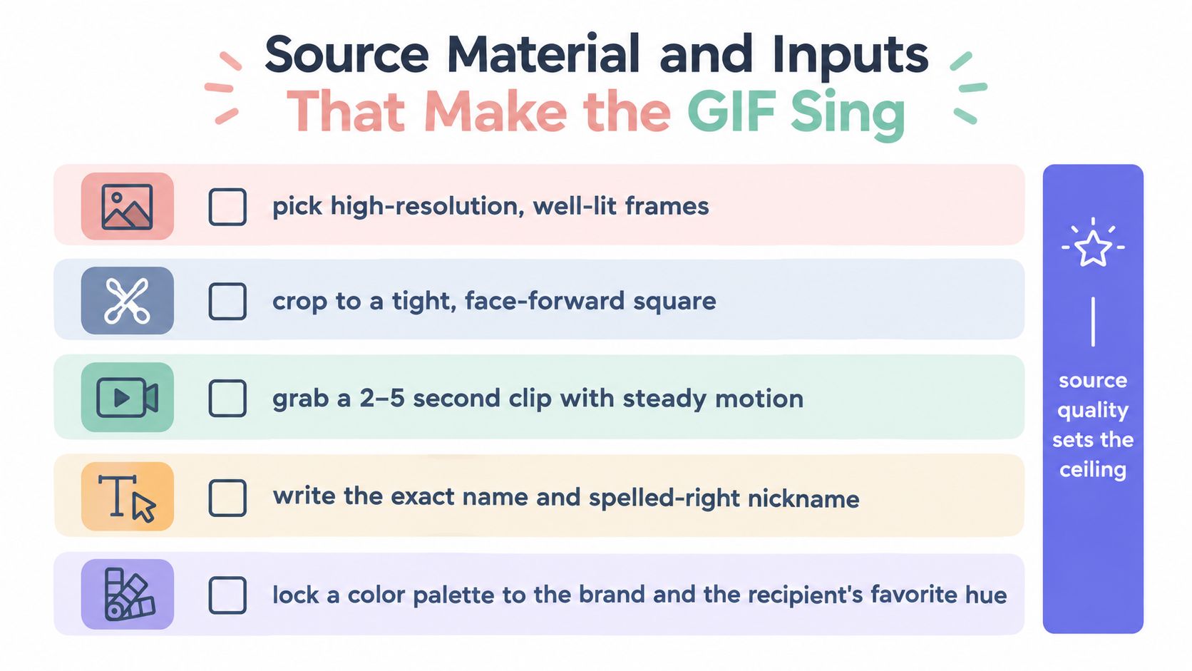 A list of five essential tips for creating high-quality, professional-looking GIFs for birthday messages or branding.
