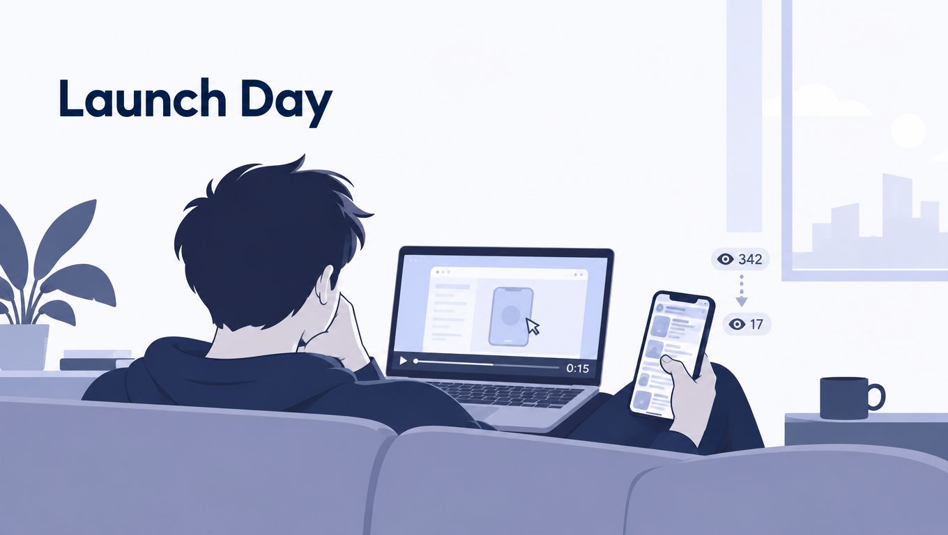 A person sitting on a sofa looking at a laptop and smartphone for a product demo video.