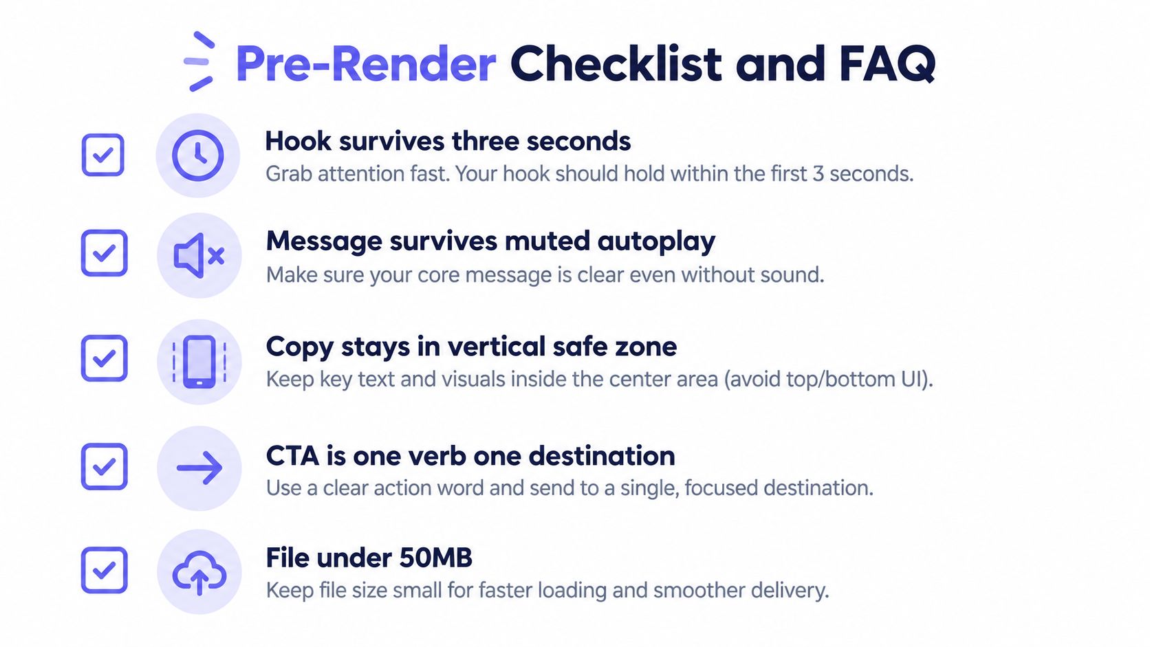 A checklist infographic titled Pre-Render Checklist and FAQ displaying five video production optimization tips for marketers.