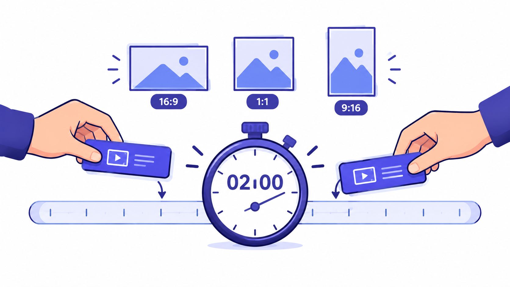 A digital illustration showing hands placing video clips onto a timeline alongside a stopwatch and aspect ratio icons.