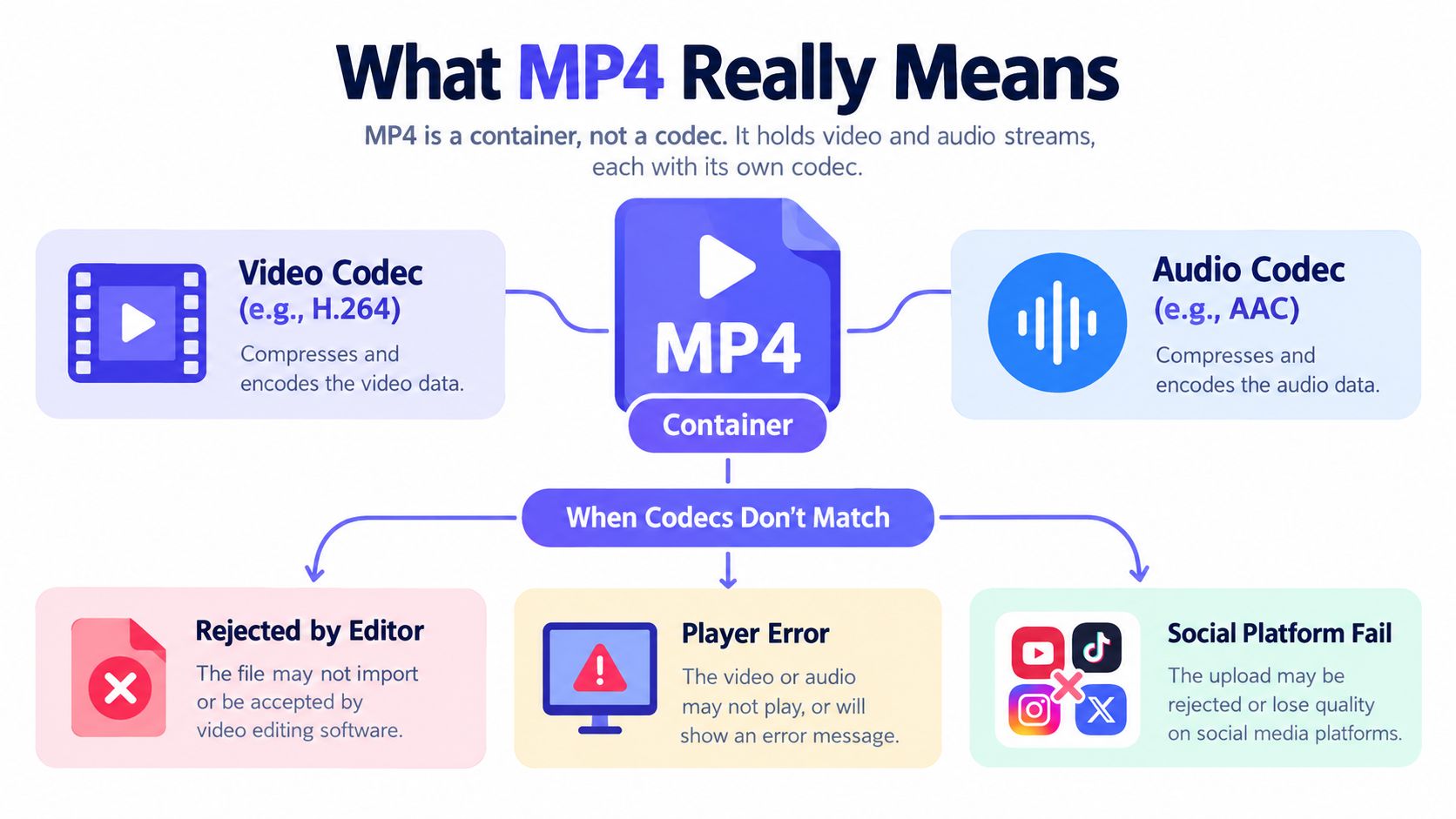An infographic explaining that MP4 is a video container format holding separate video and audio codecs.