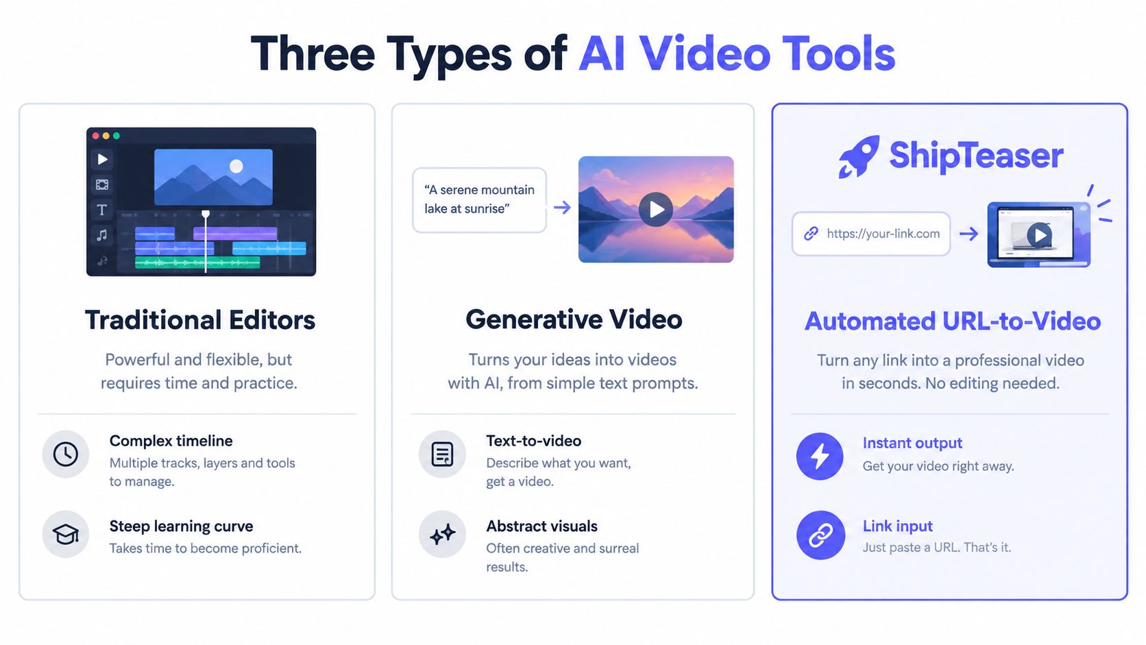 A comparison infographic showing three types of AI video tools: traditional editors, generative video, and automated URL-to-video.