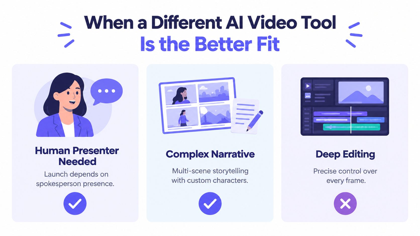 A diagram illustrating three specific scenarios where different AI video tools are more suitable than others.