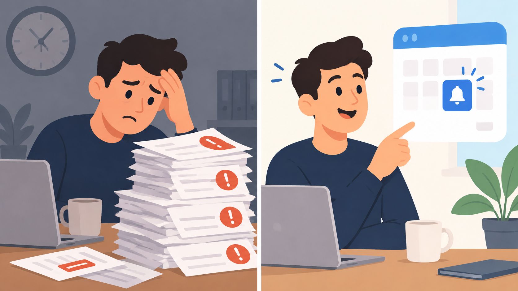 A split screen illustration showing a stressed person overwhelmed by paperwork versus a productive, happy organized worker.