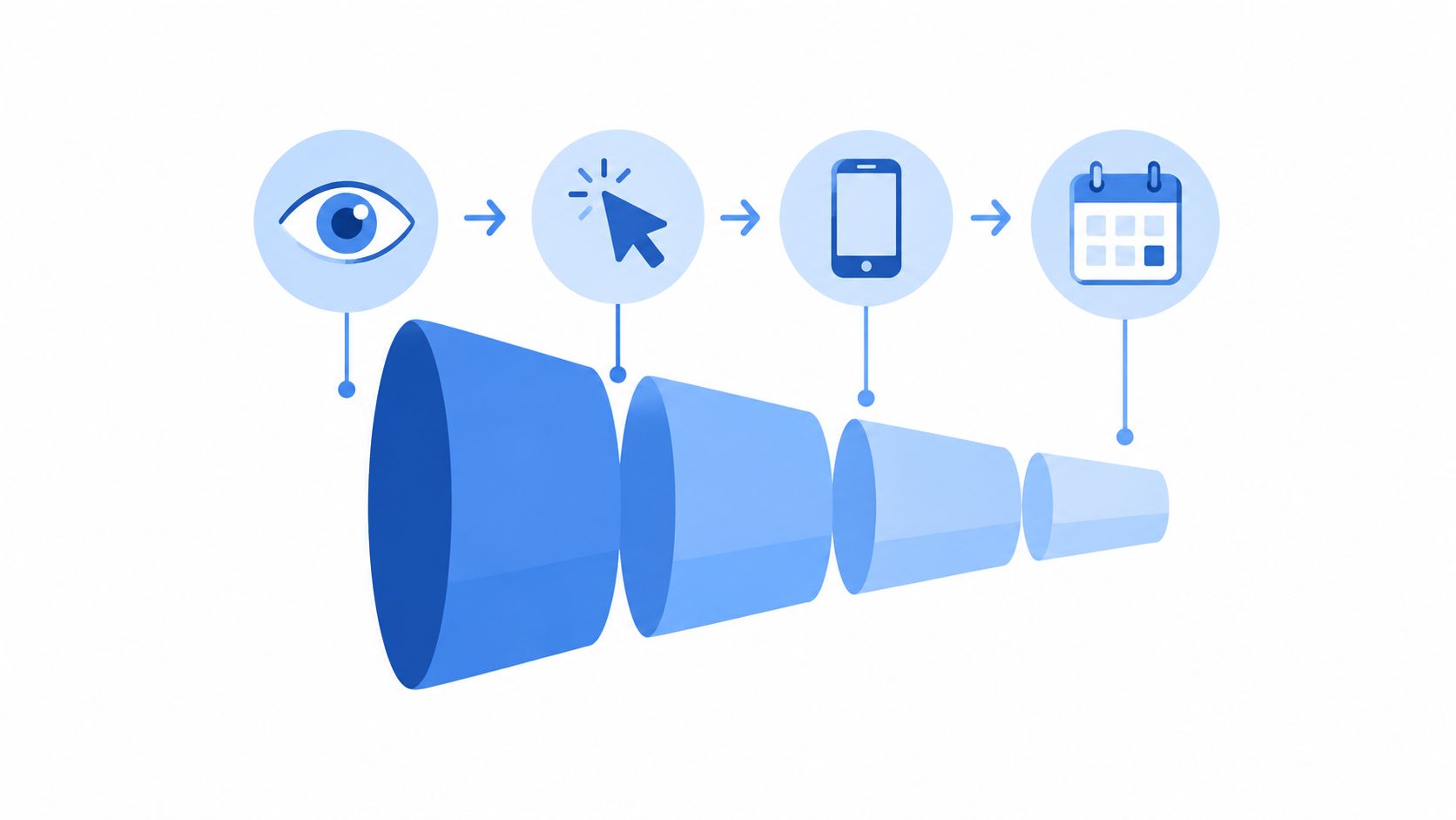 A digital marketing funnel illustration showing stages from visual awareness to click, mobile contact, and scheduled meetings.