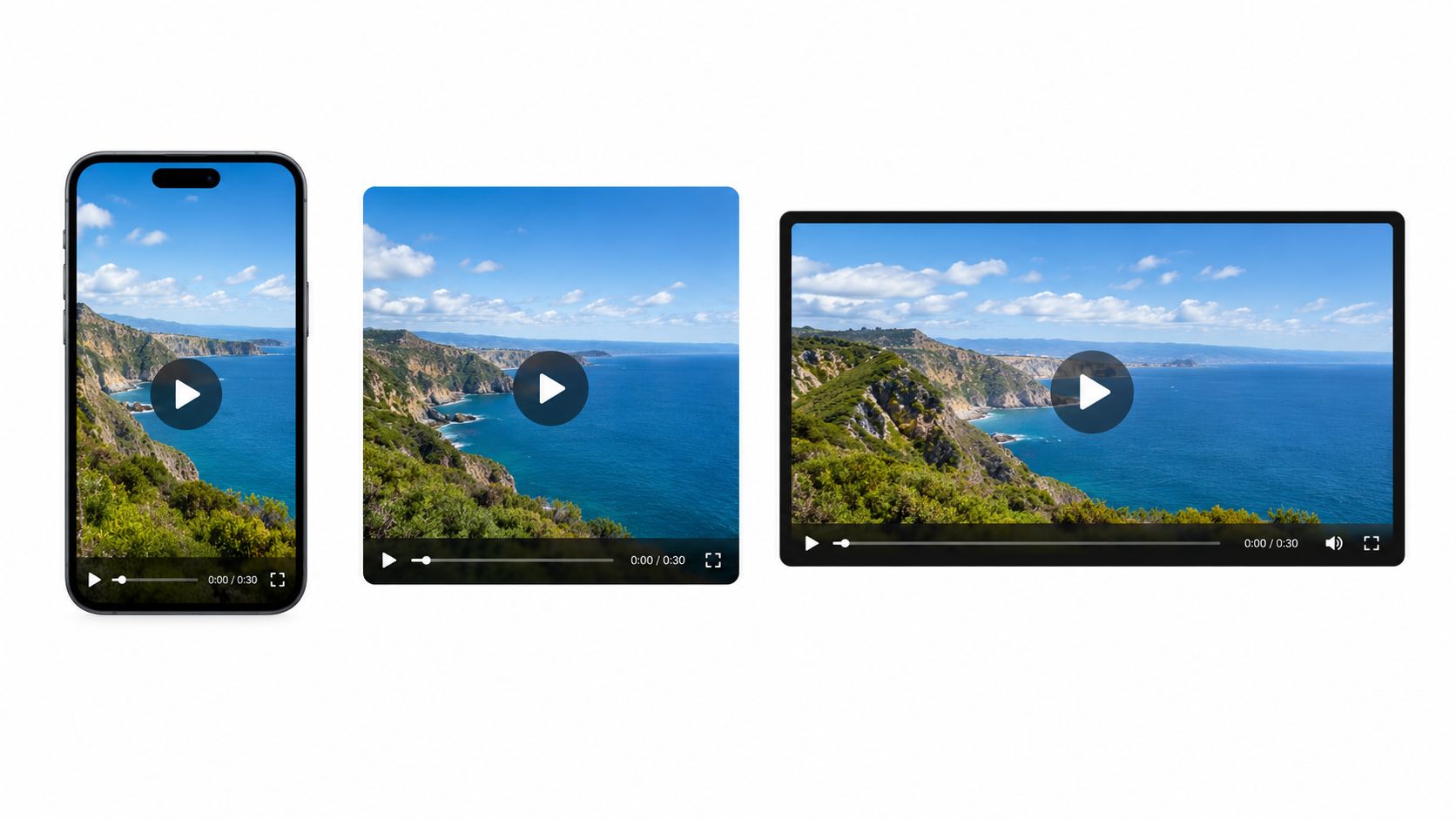 A coastal landscape view displayed on a vertical phone, a square frame, and a horizontal tablet screen.
