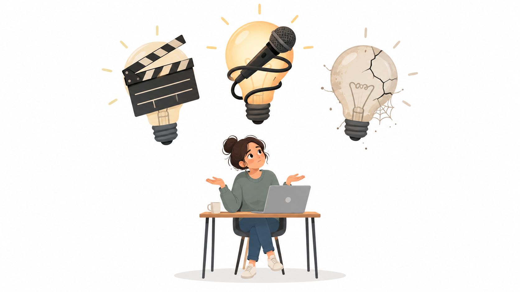 A confused young woman sitting at a desk with a laptop, contemplating creative media project ideas.