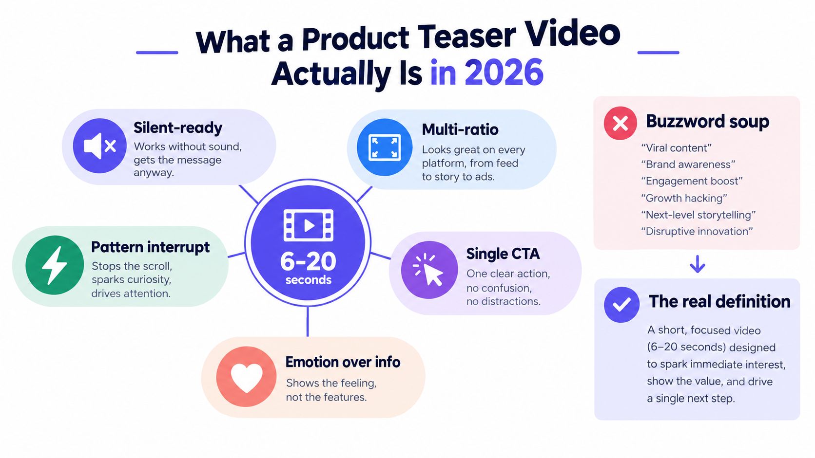A diagram explaining the key components of effective 6-20 second product teaser videos for modern marketing.