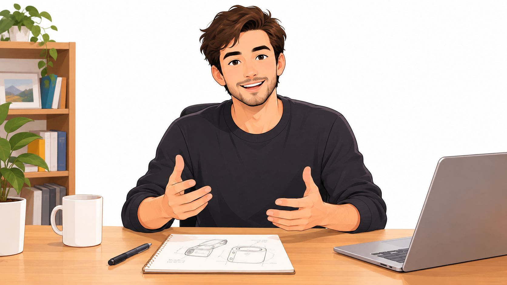 A friendly designer sitting at a desk with a laptop and sketching ideas in a notebook.