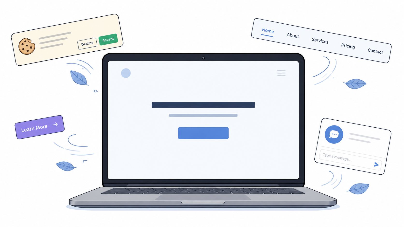 A digital illustration of a laptop surrounded by various website interface elements like menus and chat icons.