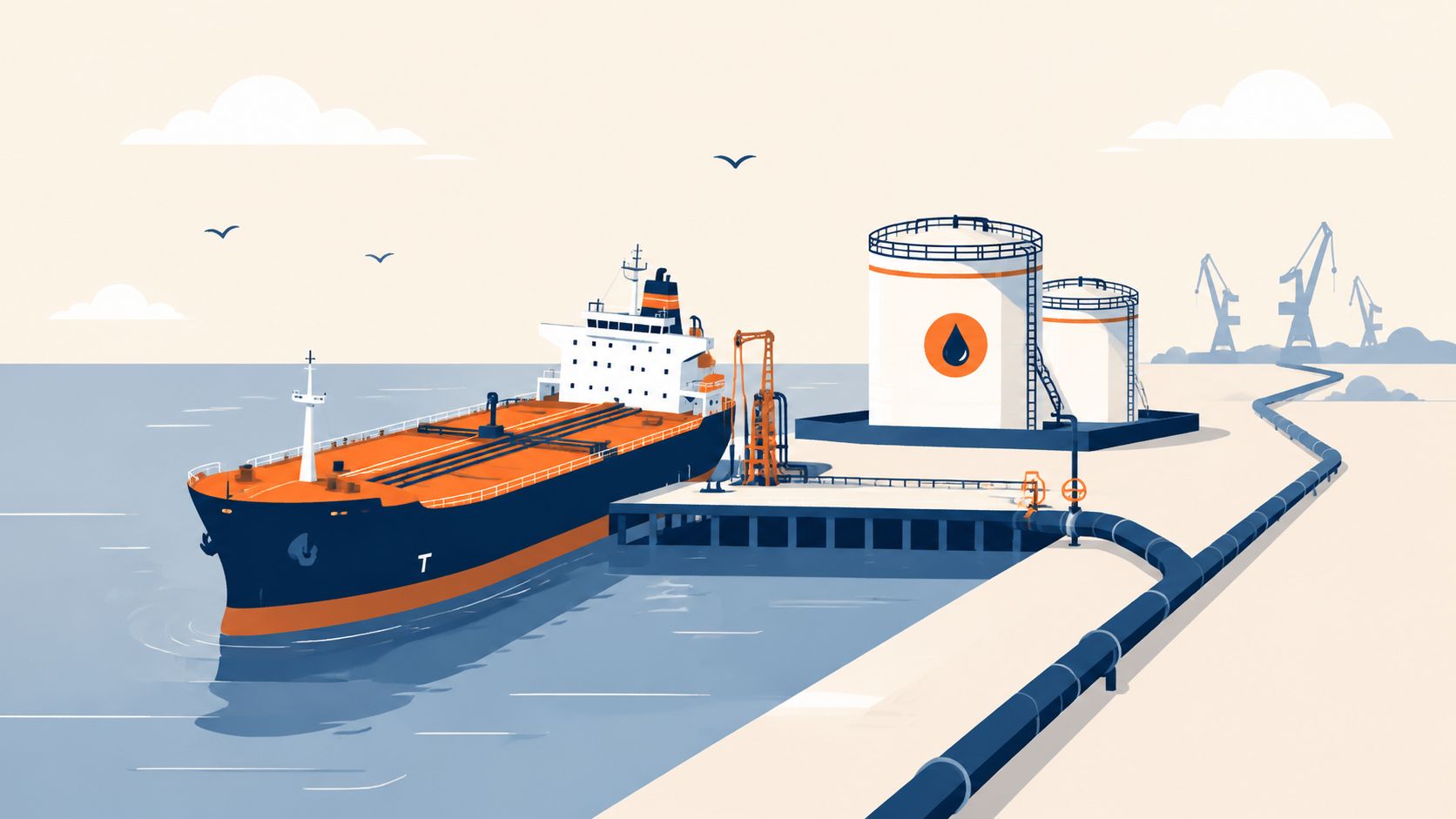 A large oil tanker docked at an industrial port facility with storage tanks and a connecting pipeline.