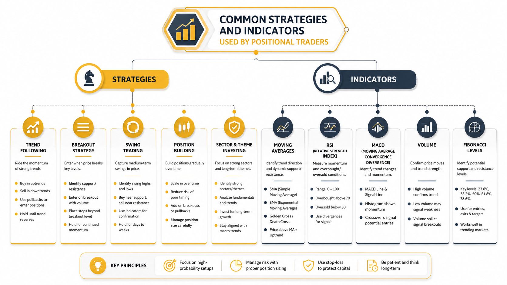 A detailed infographic showing common strategies and technical indicators used by positional traders in financial markets.