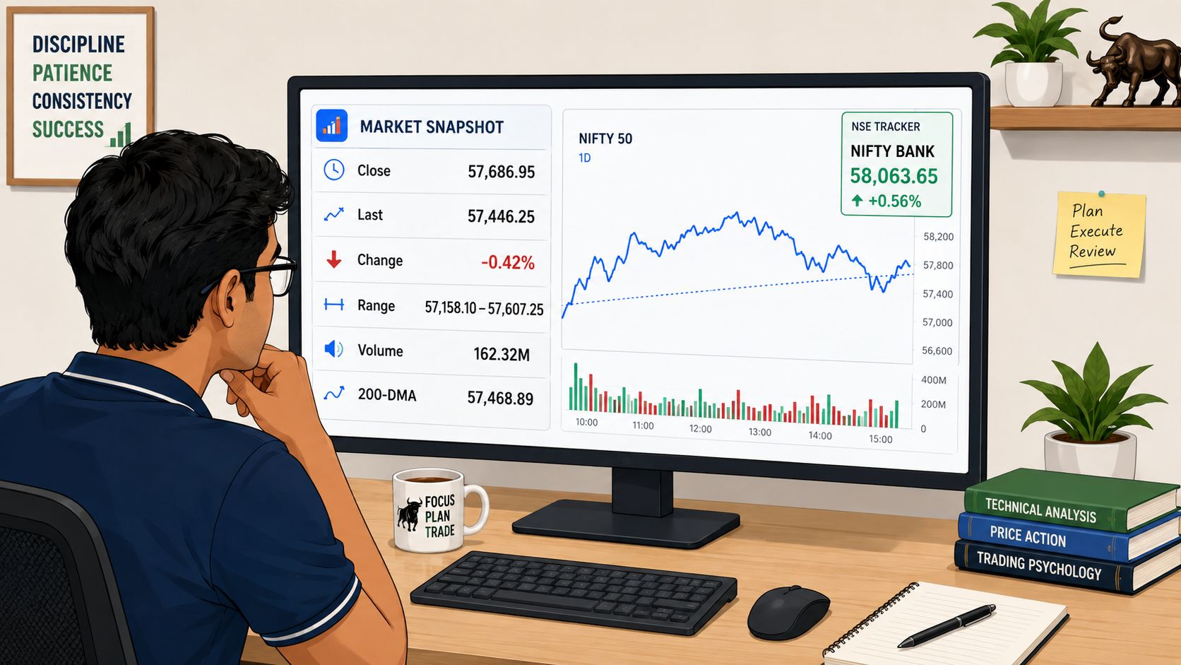 A focused trader analyzing a Nifty Bank stock market chart on a computer screen in his office.