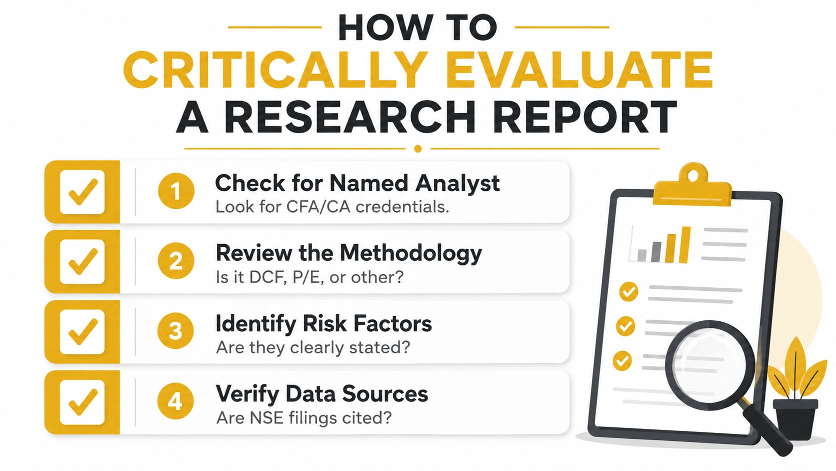 A checklist infographic titled How to Critically Evaluate a Research Report showing four key steps.