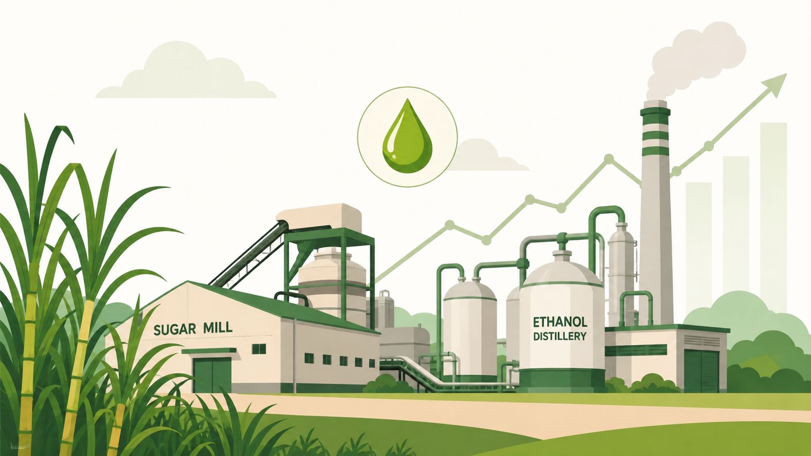 An illustration showing a sugar mill connected to an ethanol distillery with a green rising graph.