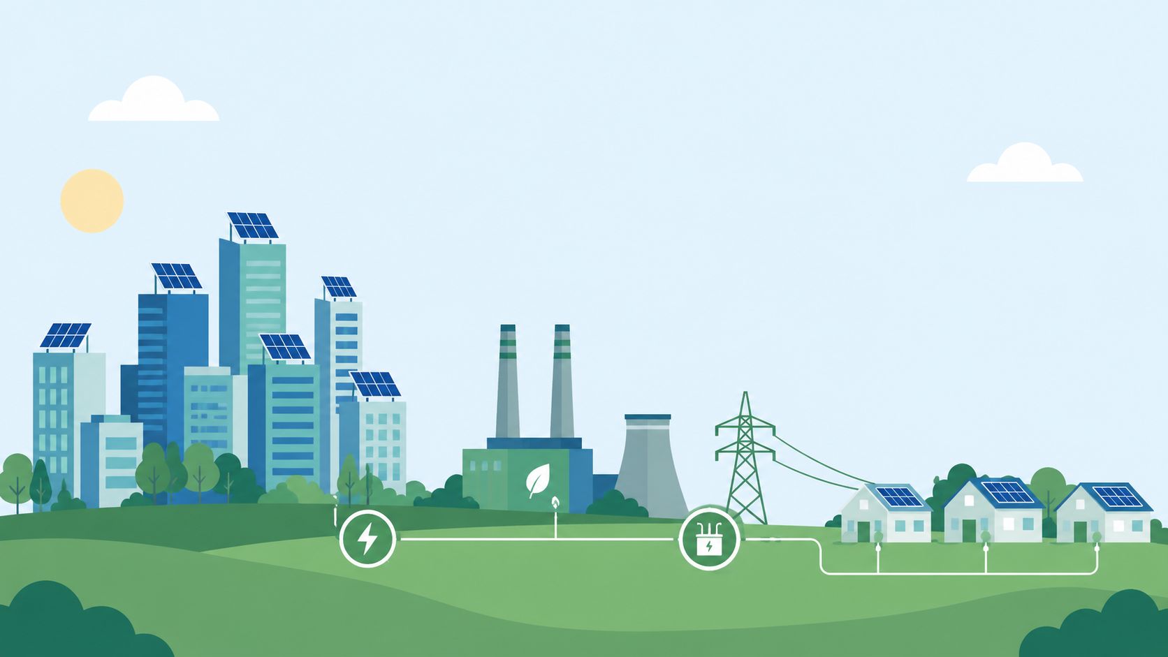 A landscape illustration showing an eco-friendly city integrated with solar energy panels, a power plant, and residential homes.