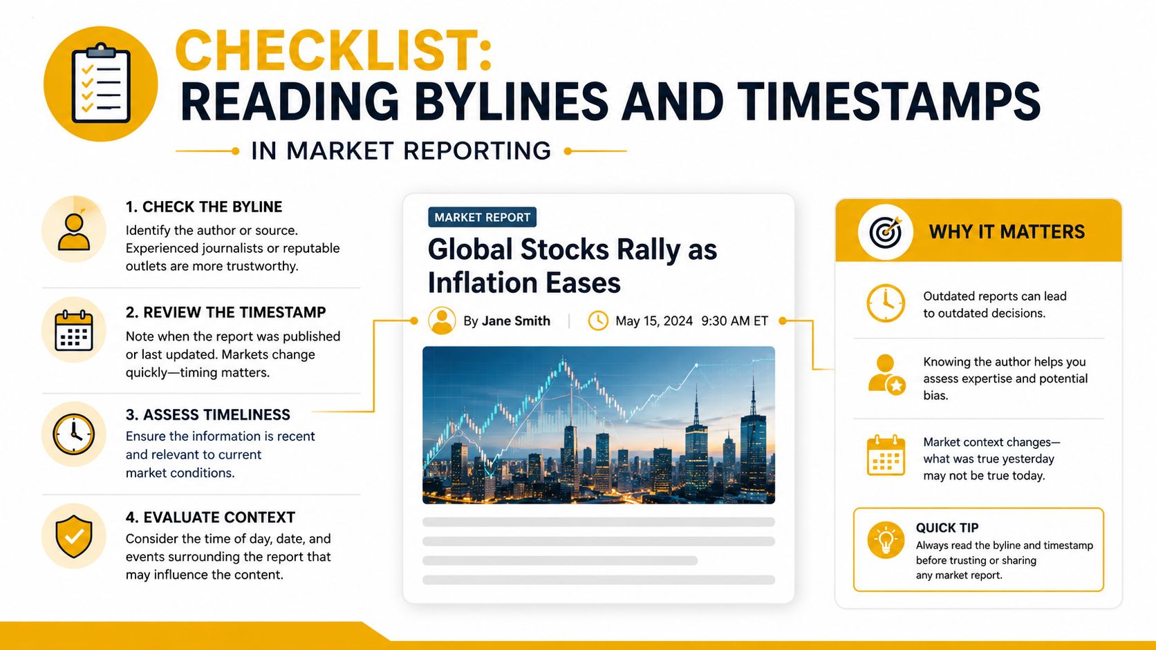 An infographic titled Checklist for Reading Bylines and Timestamps in Market Reporting, illustrating essential tips for evaluating news.