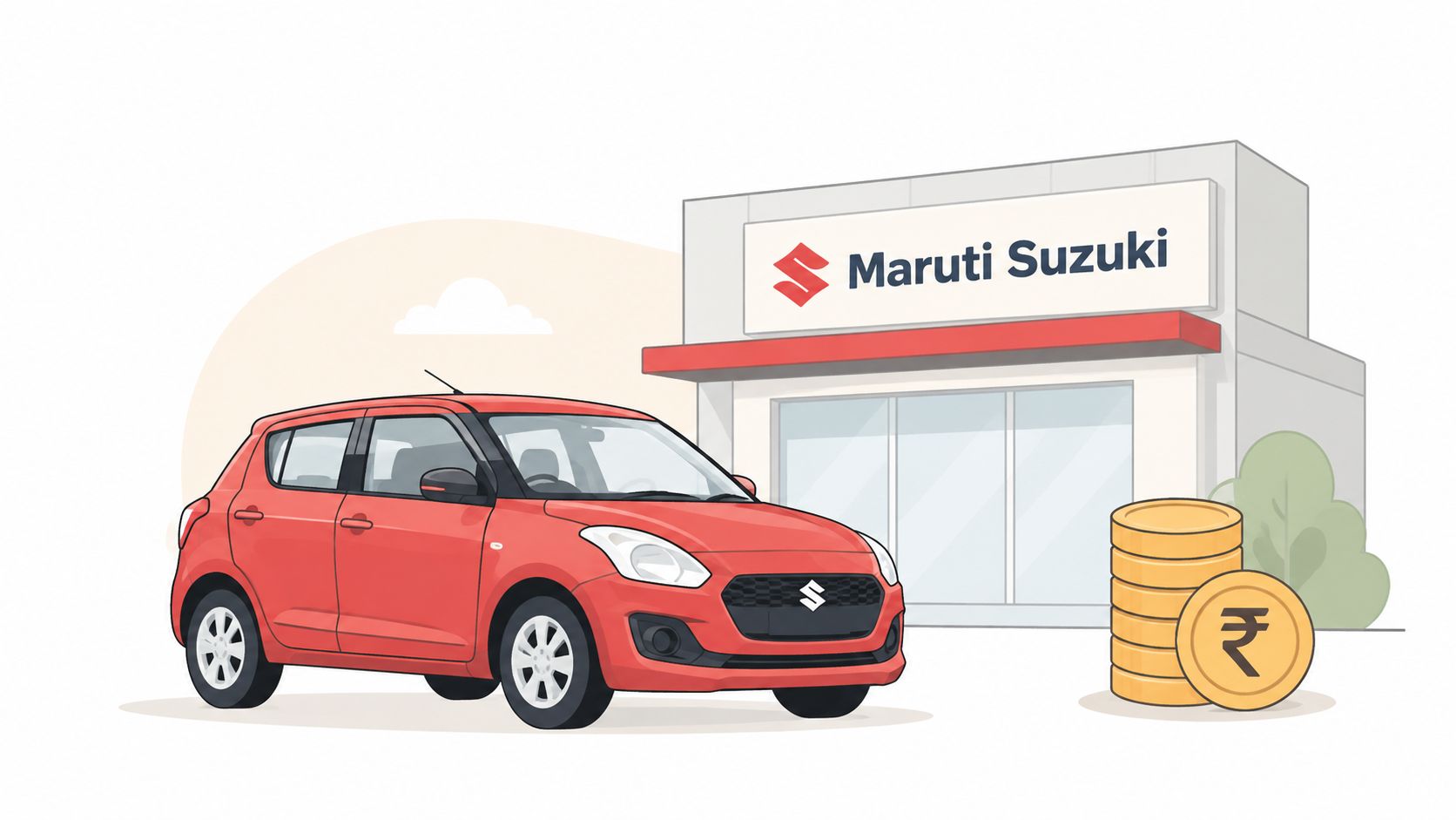 A red Maruti Suzuki hatchback car parked in front of a dealership with a stack of coins.