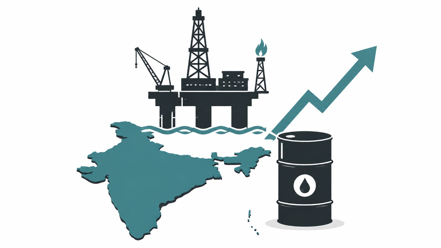 A map of India combined with an oil drilling rig and an upward trending oil barrel icon.