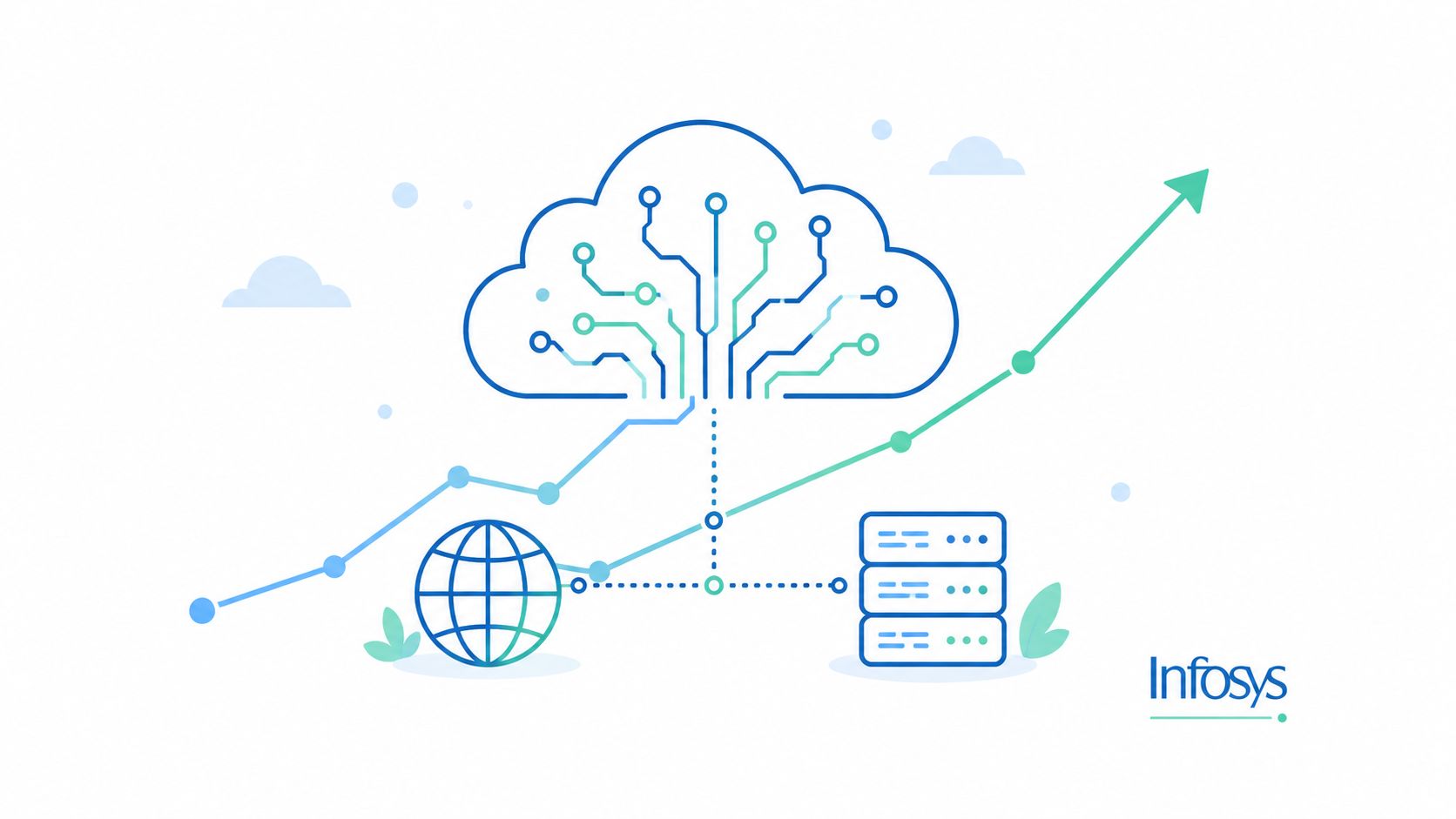 A digital illustration representing cloud computing, data networks, server storage, and business growth on a white background.