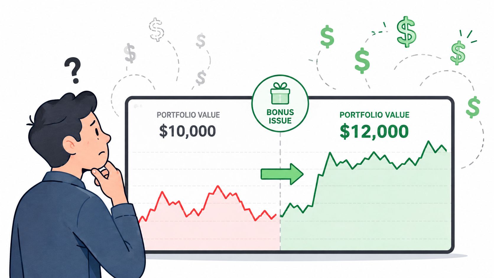 A man looking thoughtfully at a chart showing a portfolio value increase after a bonus issue event.